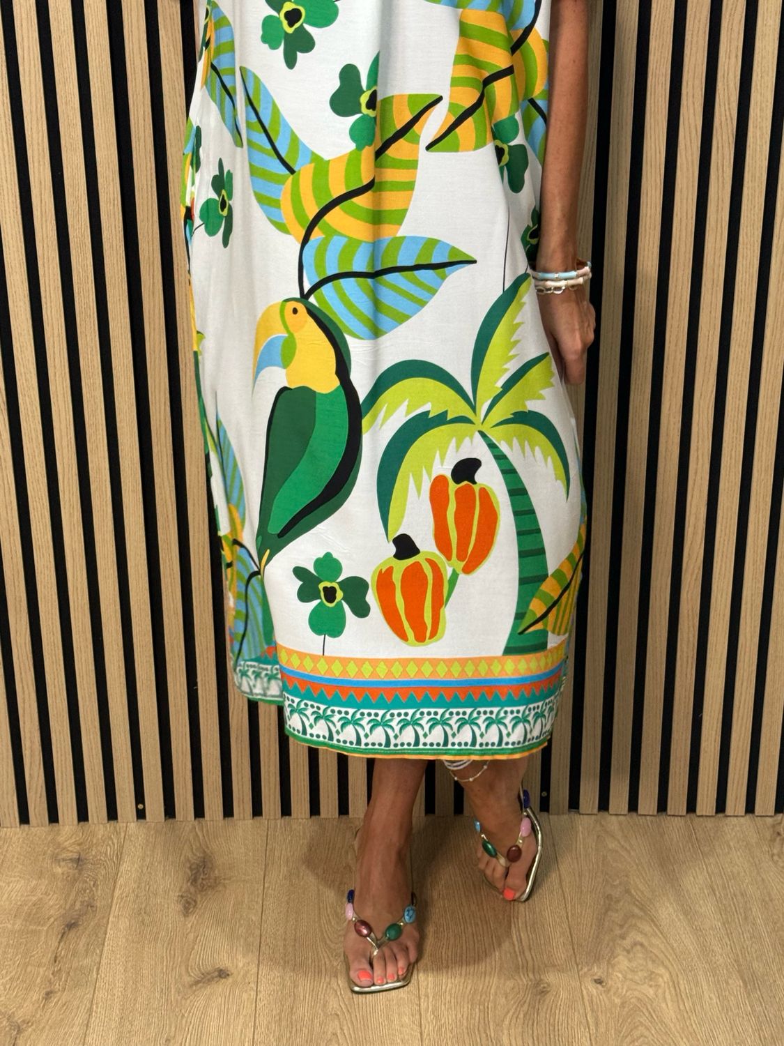 Tropical Print V-Neck Dress - Green Multi