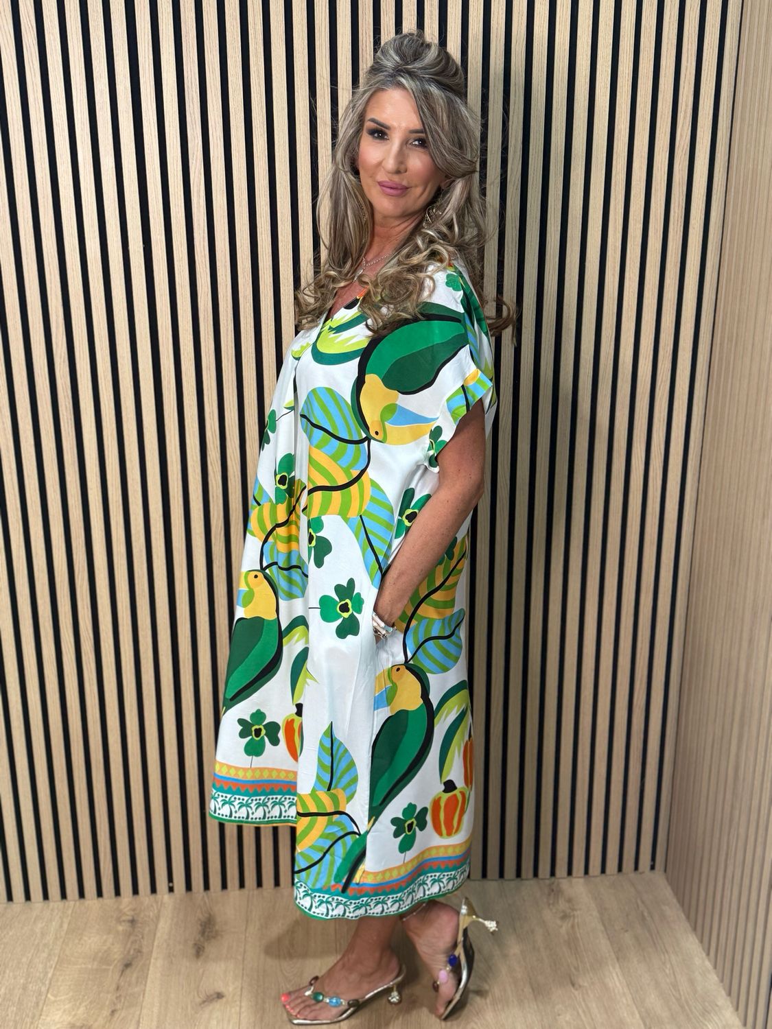 Tropical Print V-Neck Dress - Green Multi
