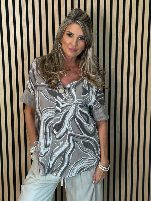 Abstract Print Button Detail Top - Taupe