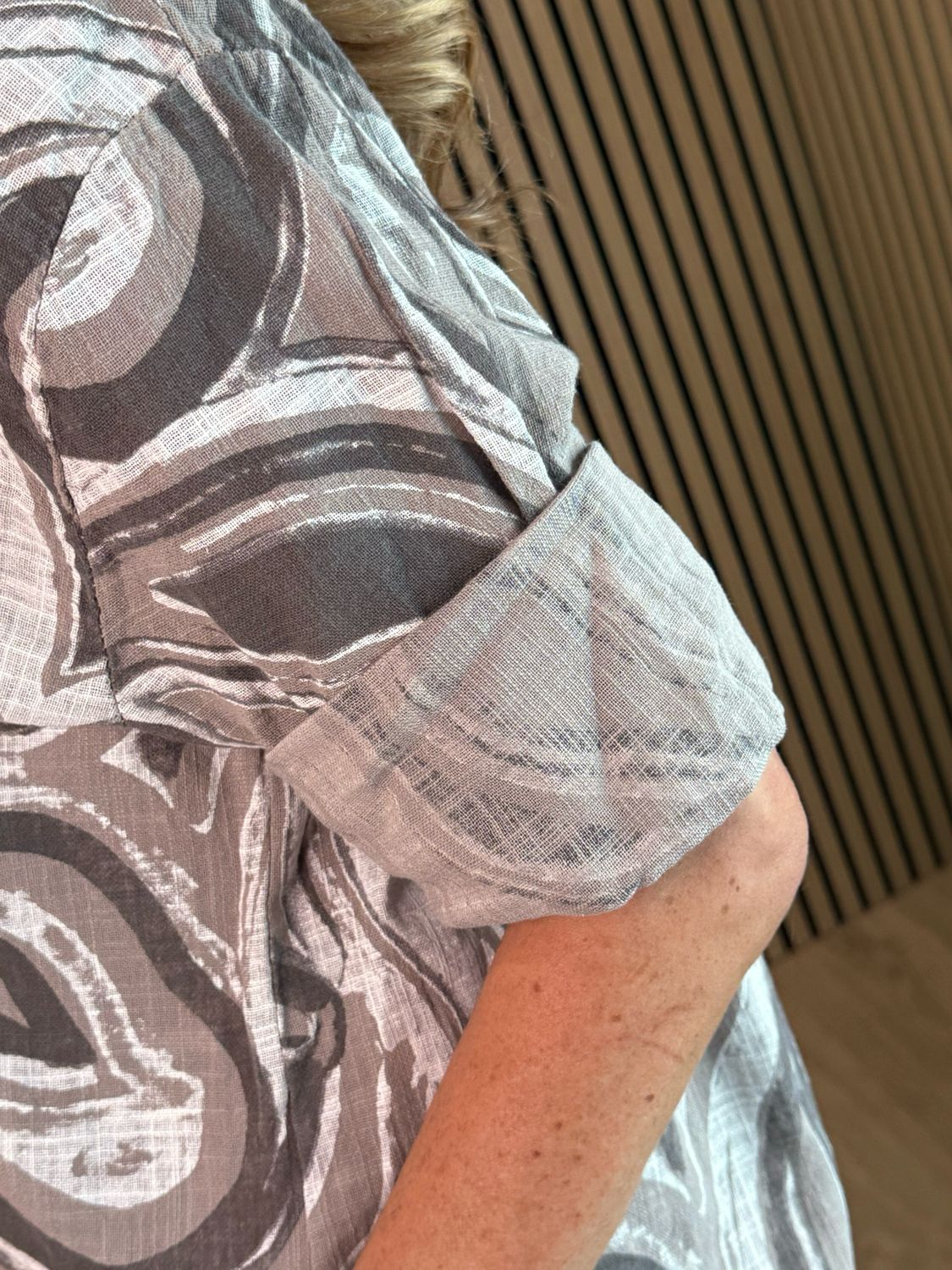Abstract Print Button Detail Top - Taupe