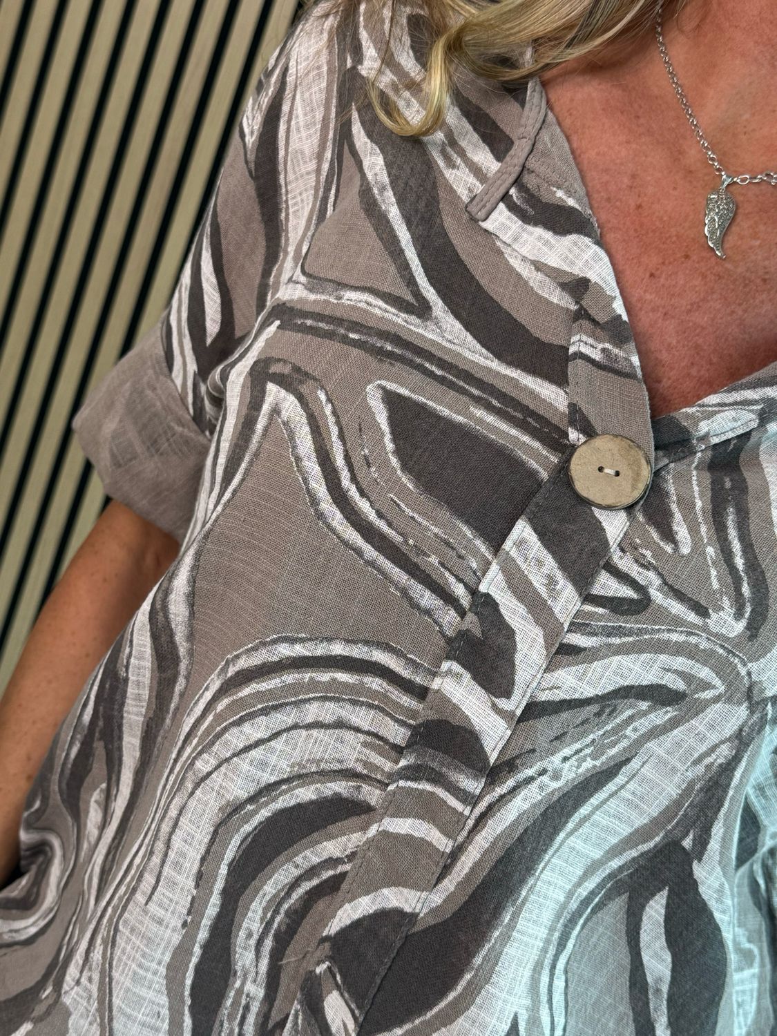 Abstract Print Button Detail Top - Taupe
