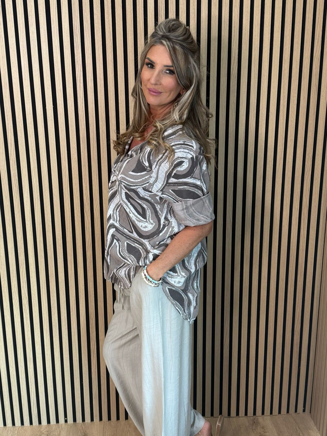 Abstract Print Button Detail Top - Taupe