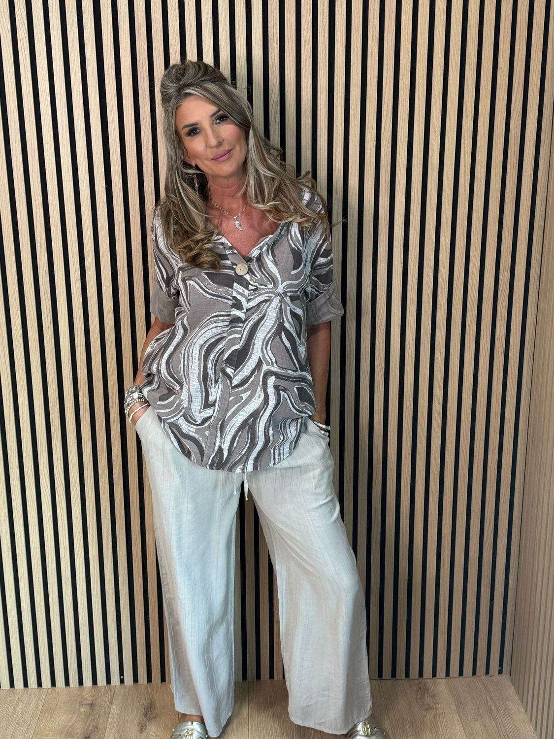 Abstract Print Button Detail Top - Taupe