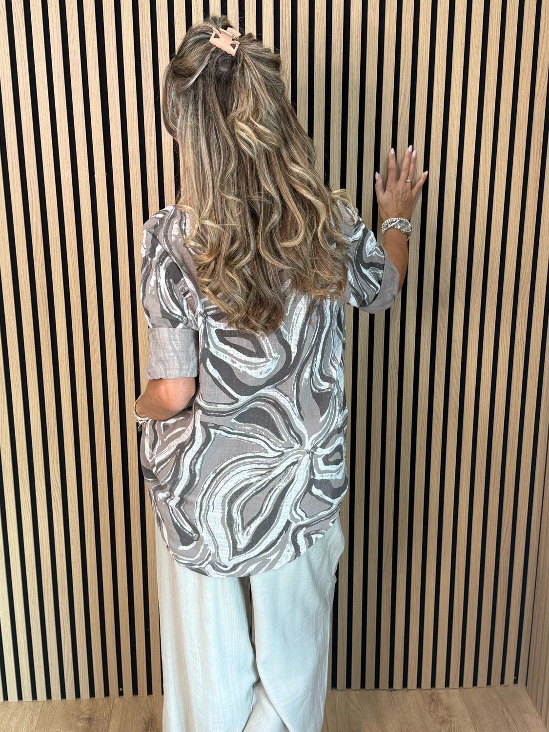 Abstract Print Button Detail Top - Taupe
