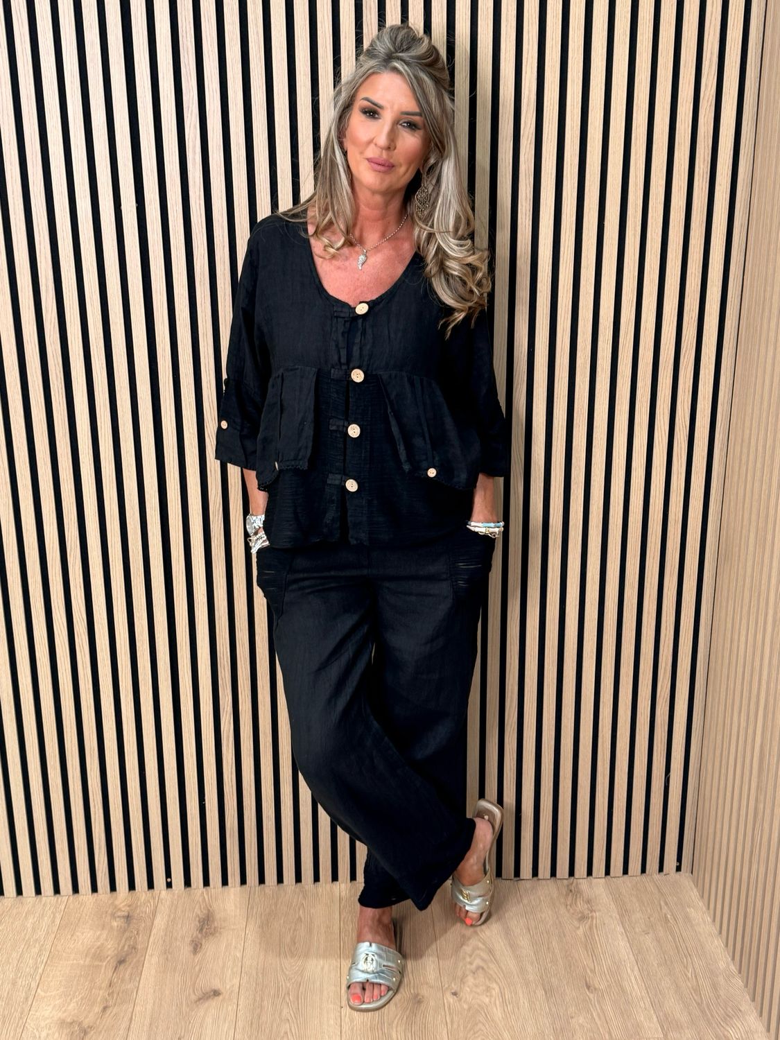 Linen Trouser Suit Set - Black