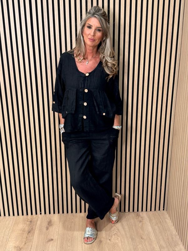Linen Trouser Suit Set - Black