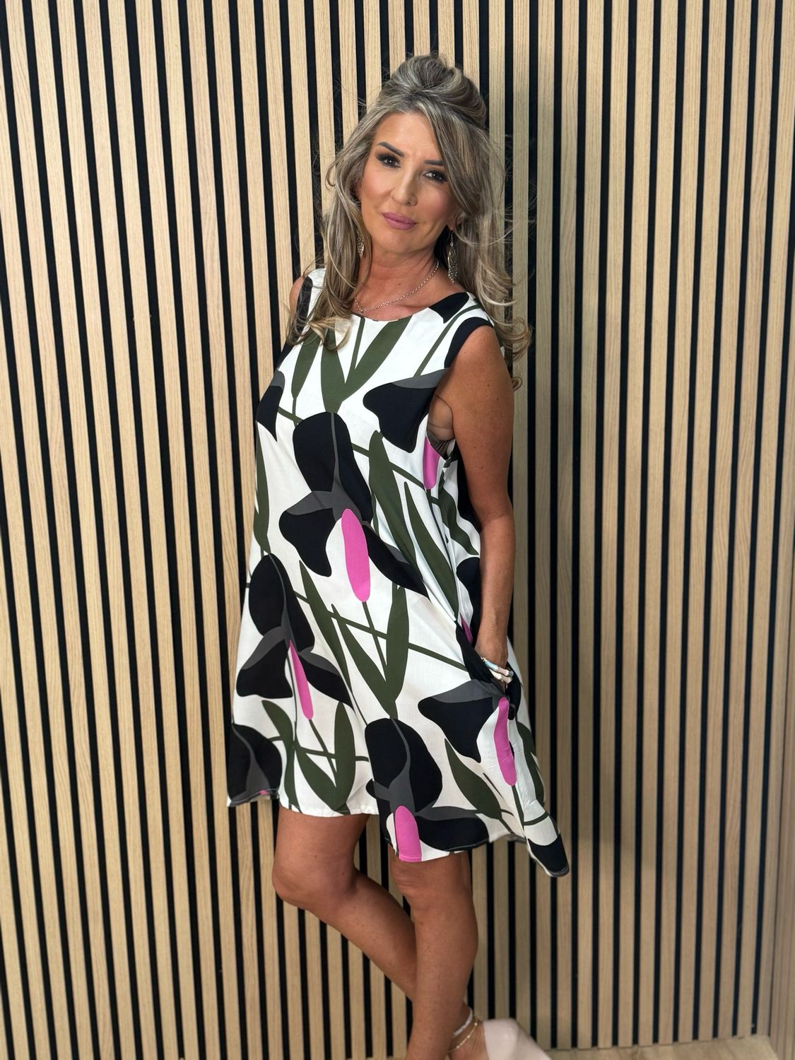 Floral Sleeveless Tunic Dress - Cream/Khaki/Fuchsia
