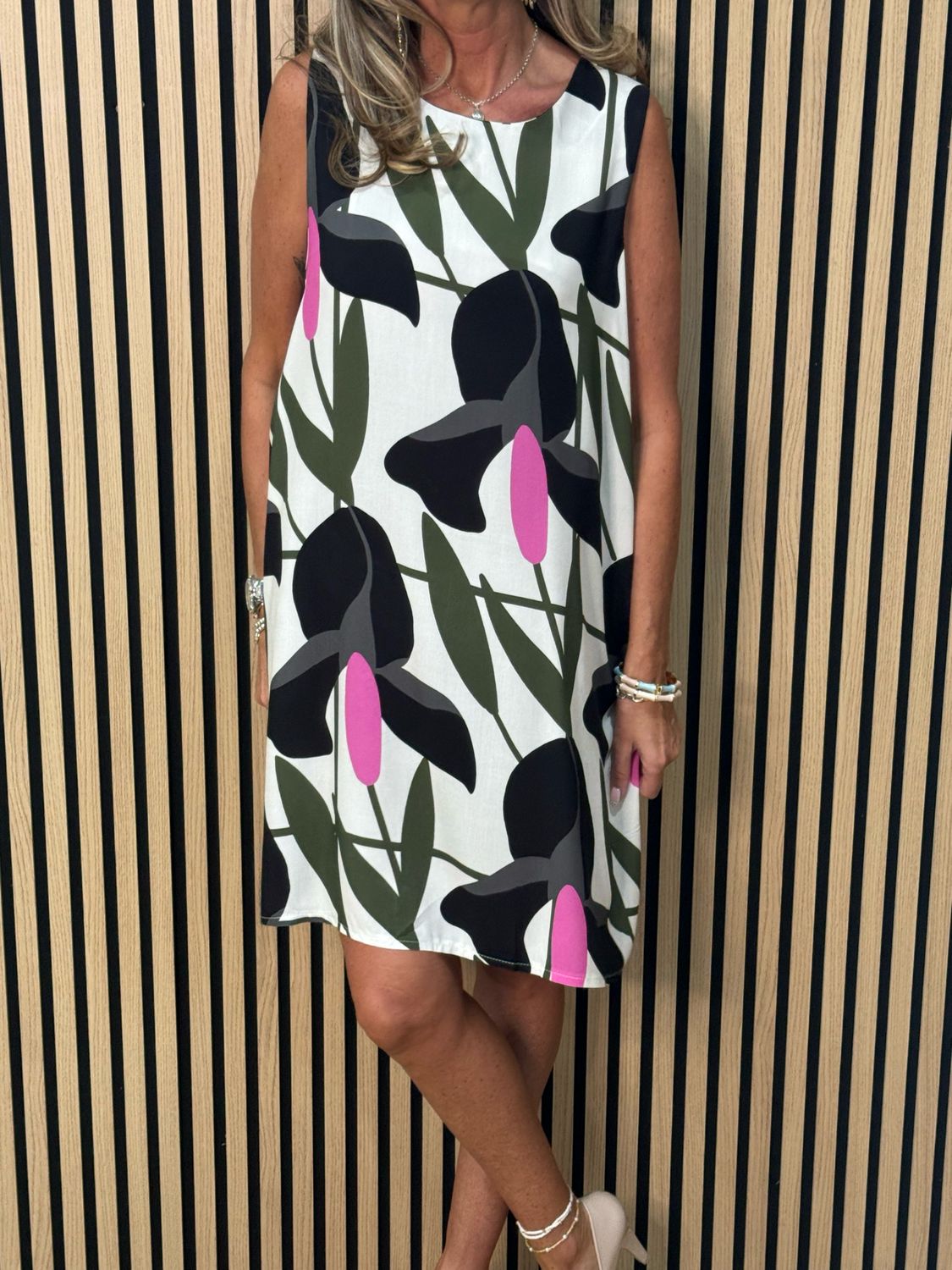 Floral Sleeveless Tunic Dress - Cream/Khaki/Fuchsia