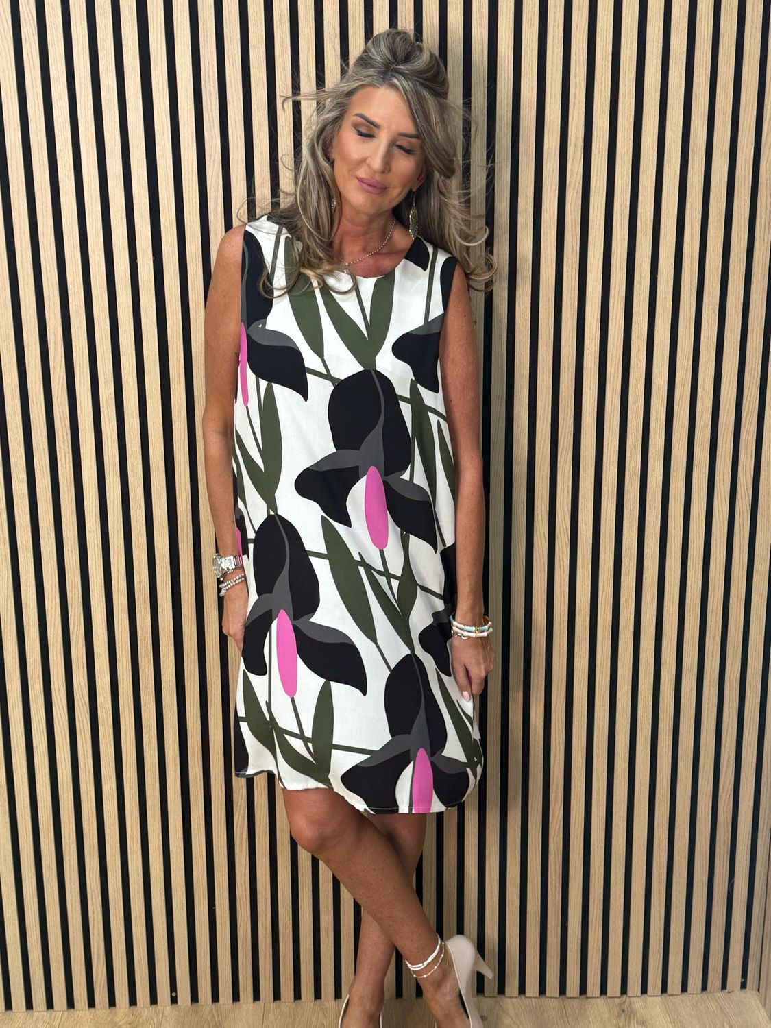 Floral Sleeveless Tunic Dress - Cream/Khaki/Fuchsia