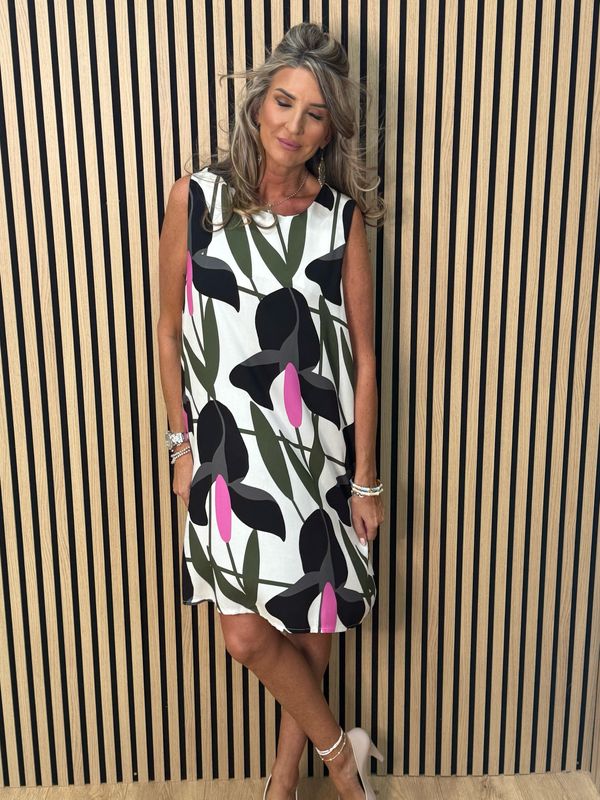 Floral Sleeveless Tunic Dress - Cream/Khaki/Fuchsia