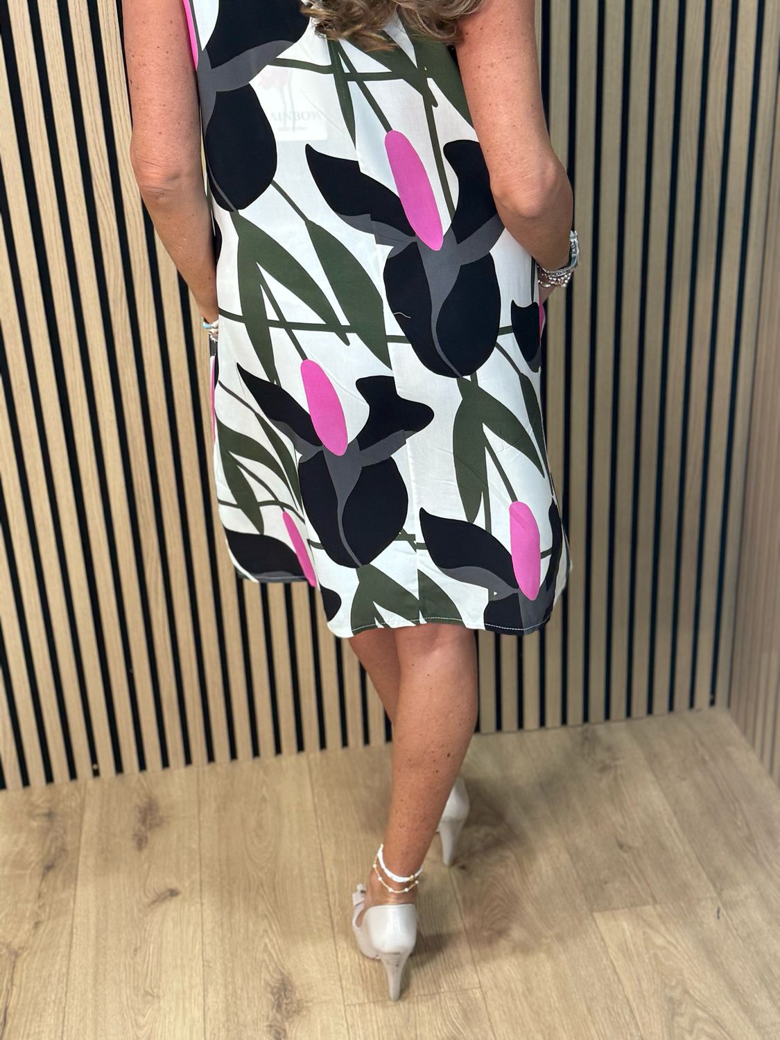 Floral Sleeveless Tunic Dress - Cream/Khaki/Fuchsia