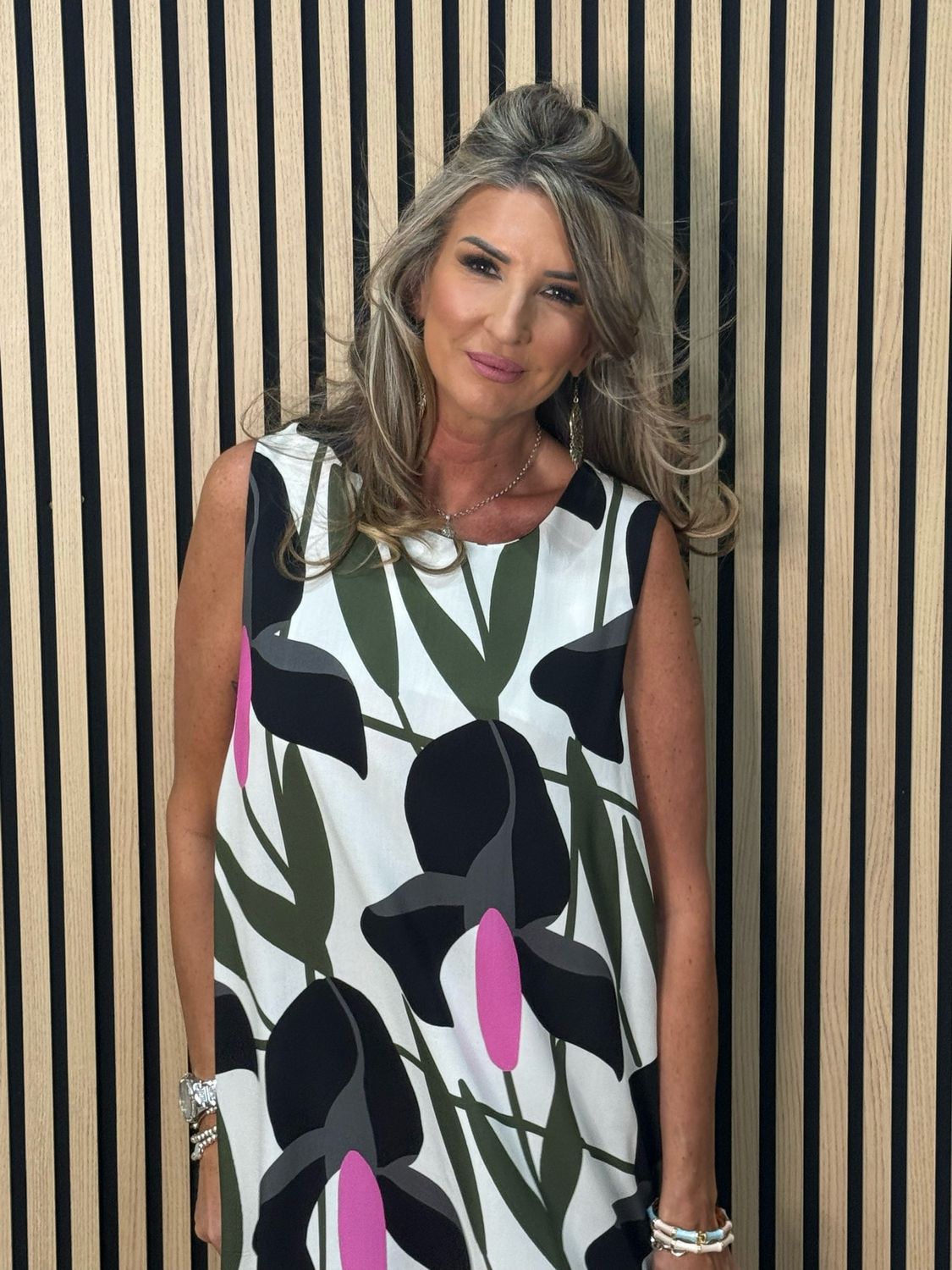 Floral Sleeveless Tunic Dress - Cream/Khaki/Fuchsia