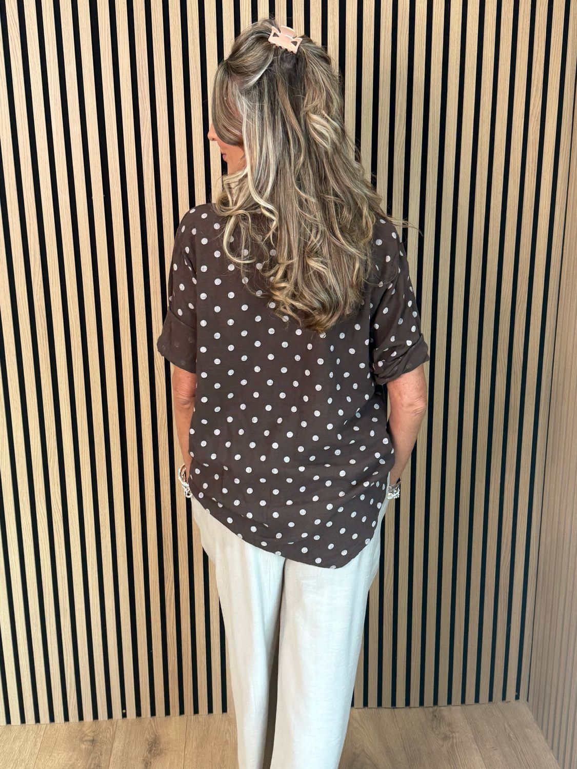 Polka Dot Button Detail Top - Chocolate