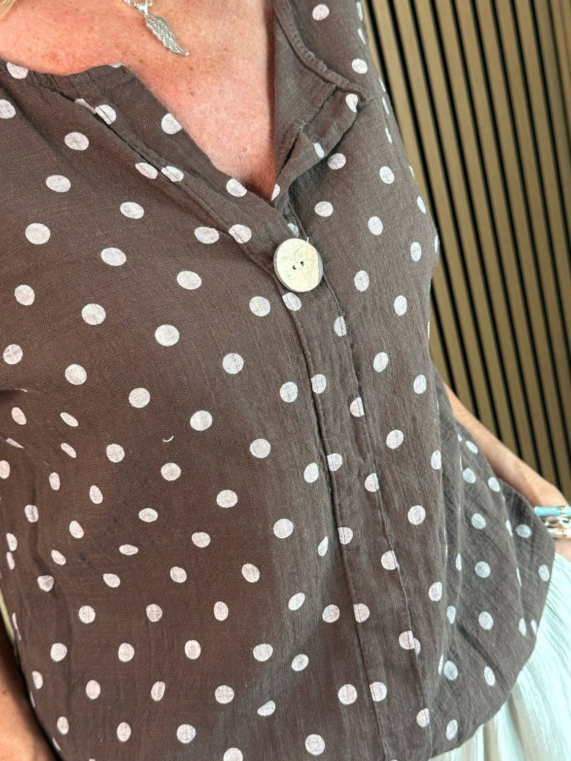 Polka Dot Button Detail Top - Chocolate