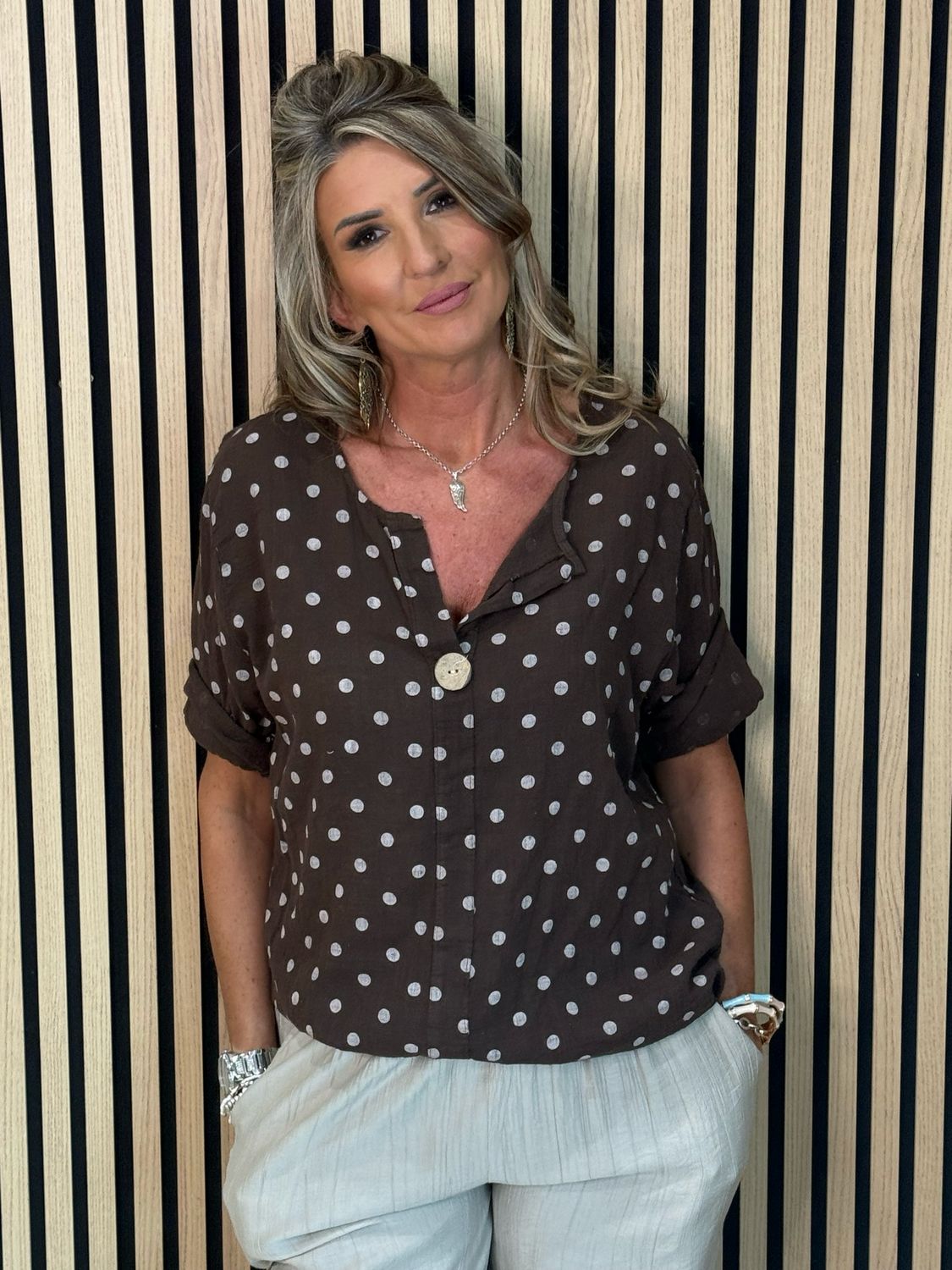 Polka Dot Button Detail Top - Chocolate