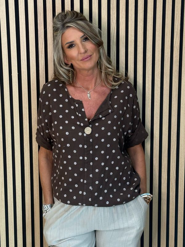 Polka Dot Button Detail Top - Chocolate