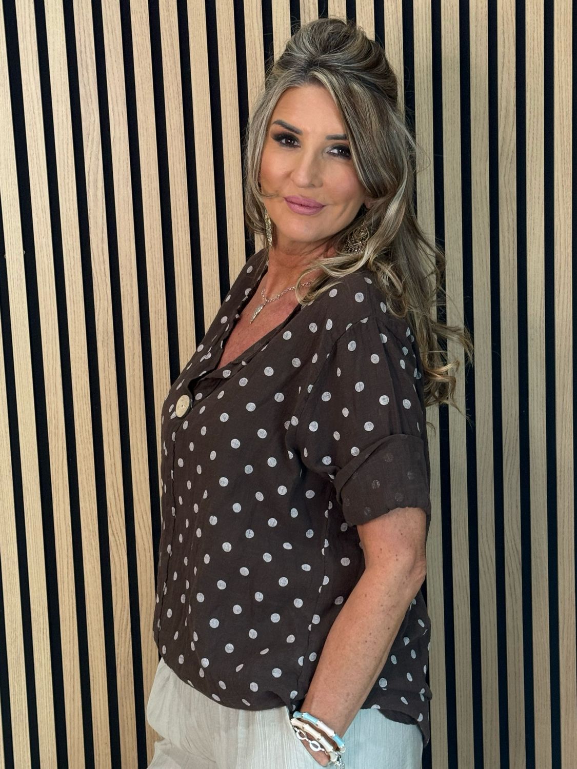 Polka Dot Button Detail Top - Chocolate