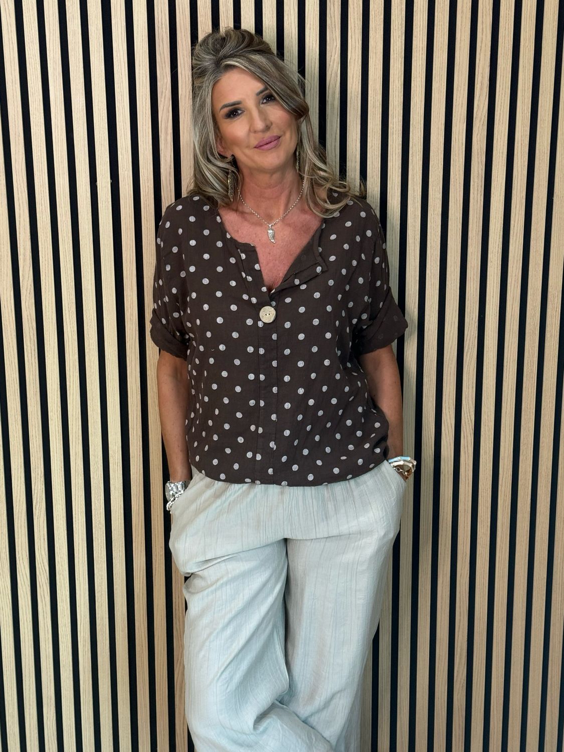 Polka Dot Button Detail Top - Chocolate