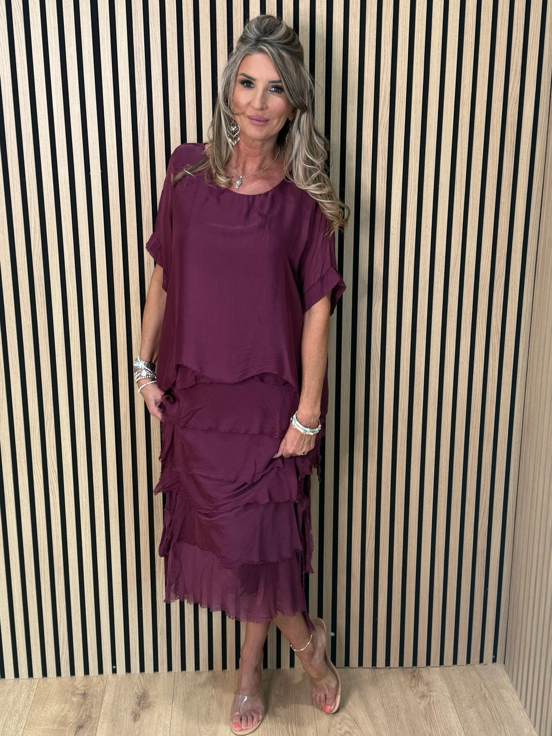Silk Blend Frill Dress - Burgundy
