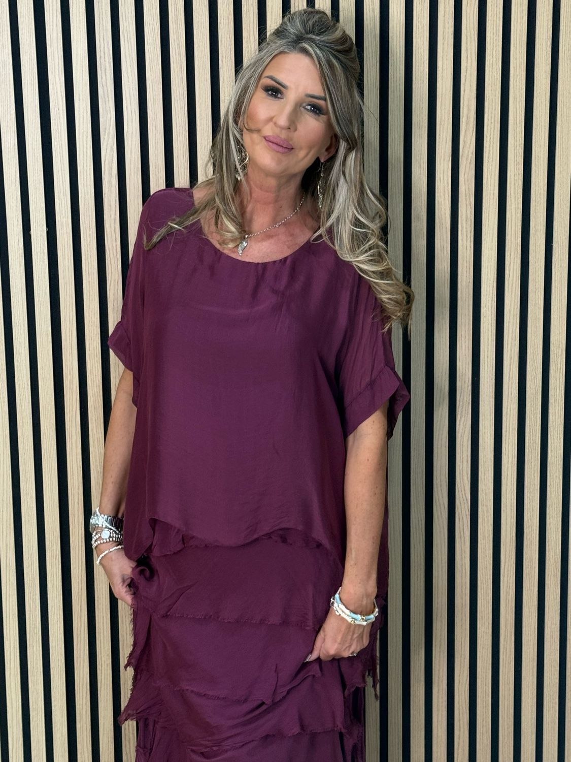 Silk Blend Frill Dress - Burgundy