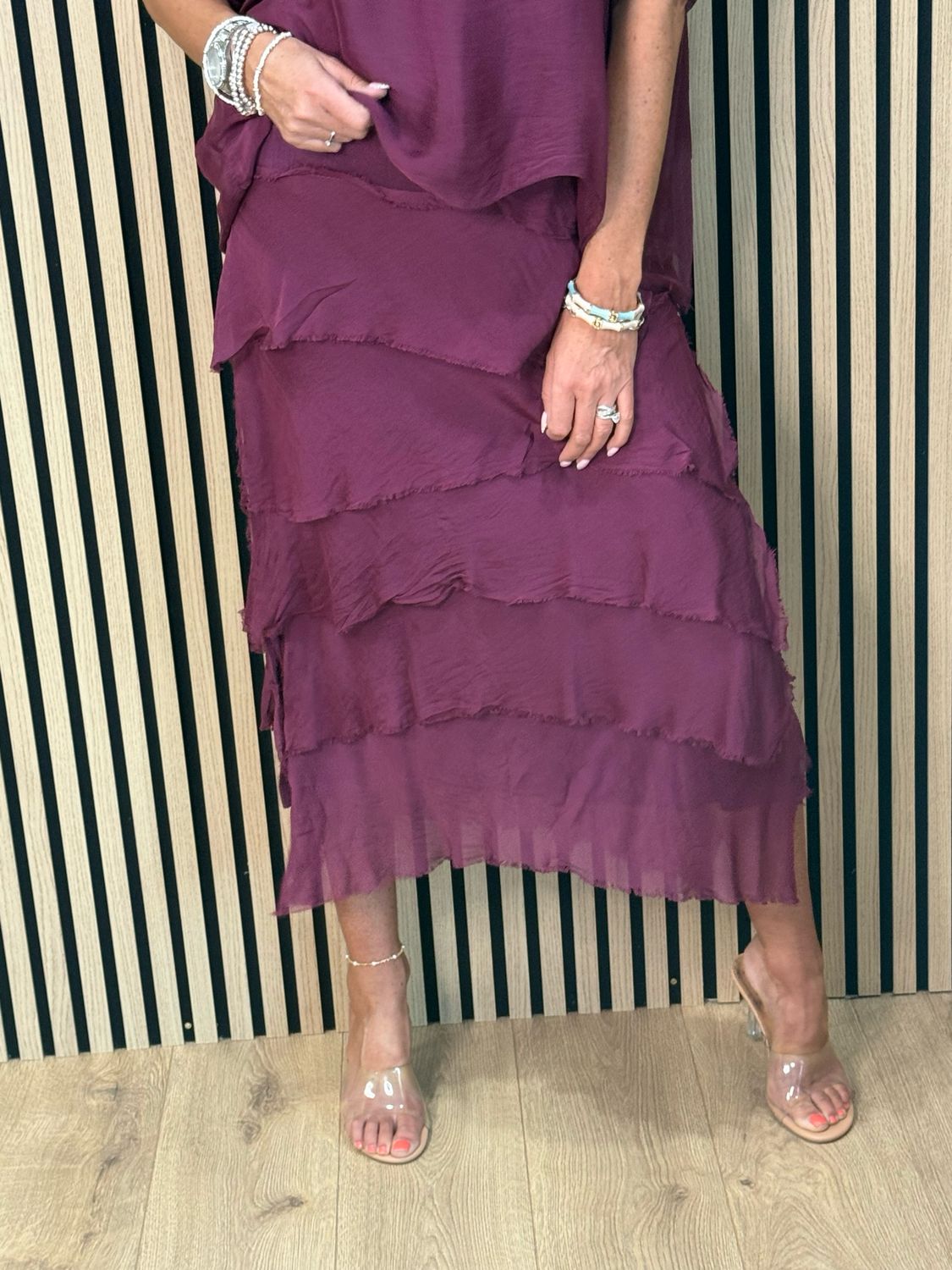 Silk Blend Frill Dress - Burgundy