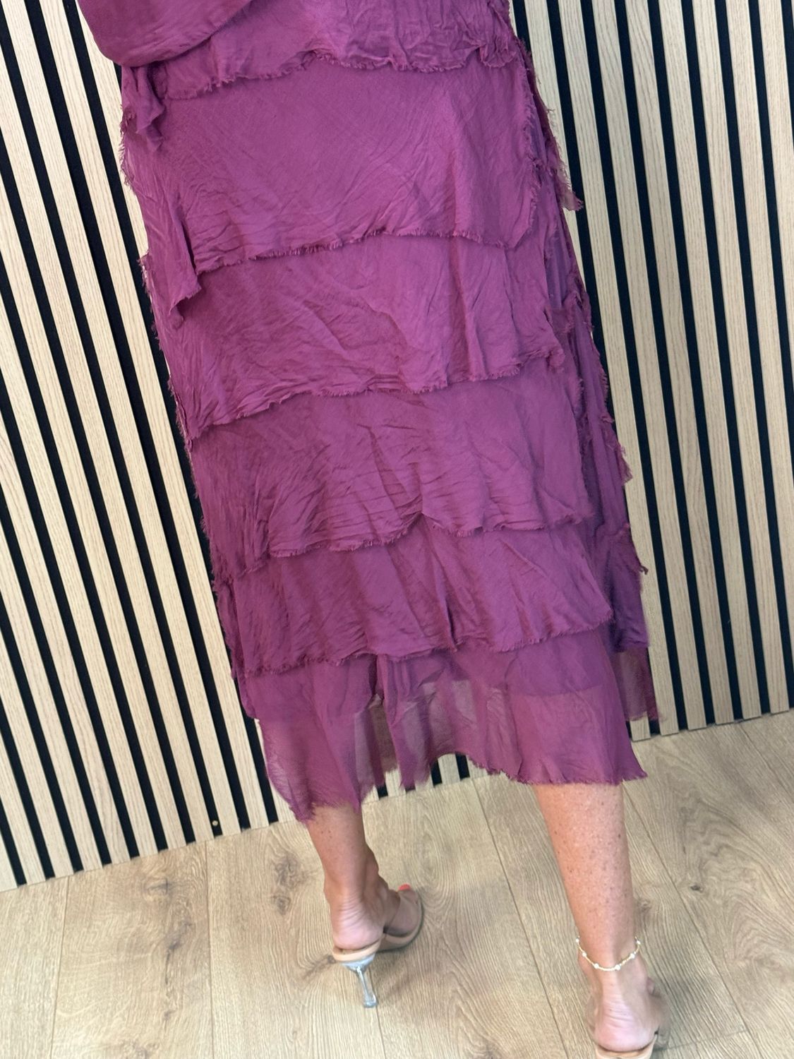 Silk Blend Frill Dress - Burgundy