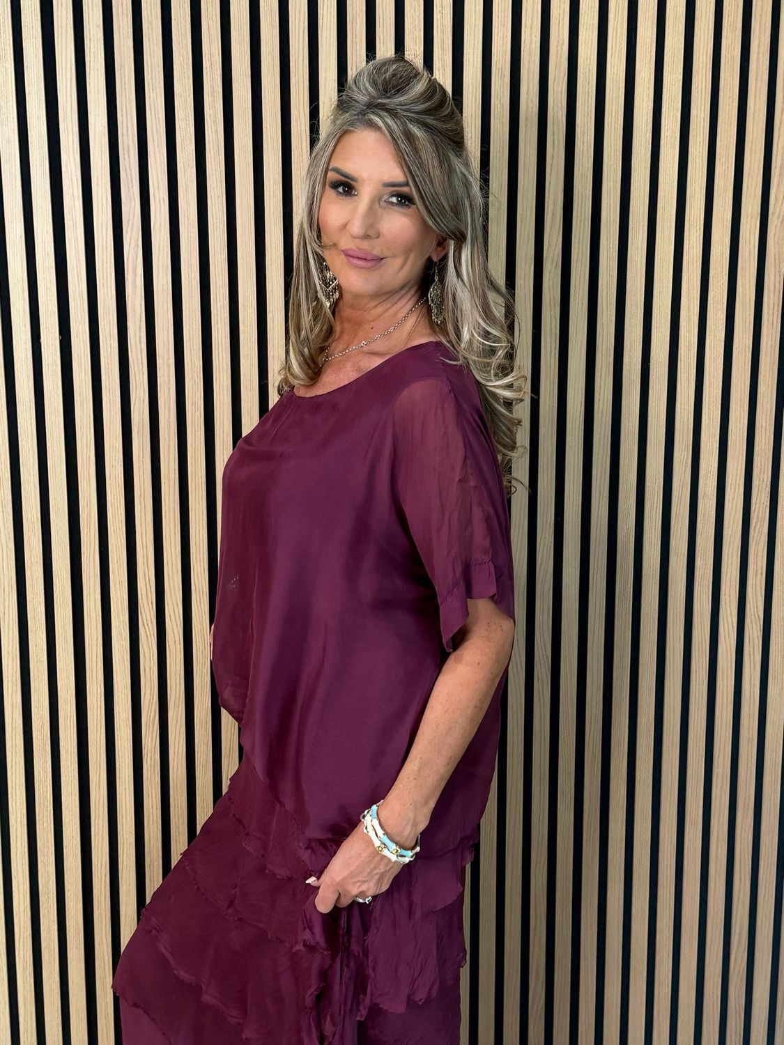 Silk Blend Frill Dress - Burgundy