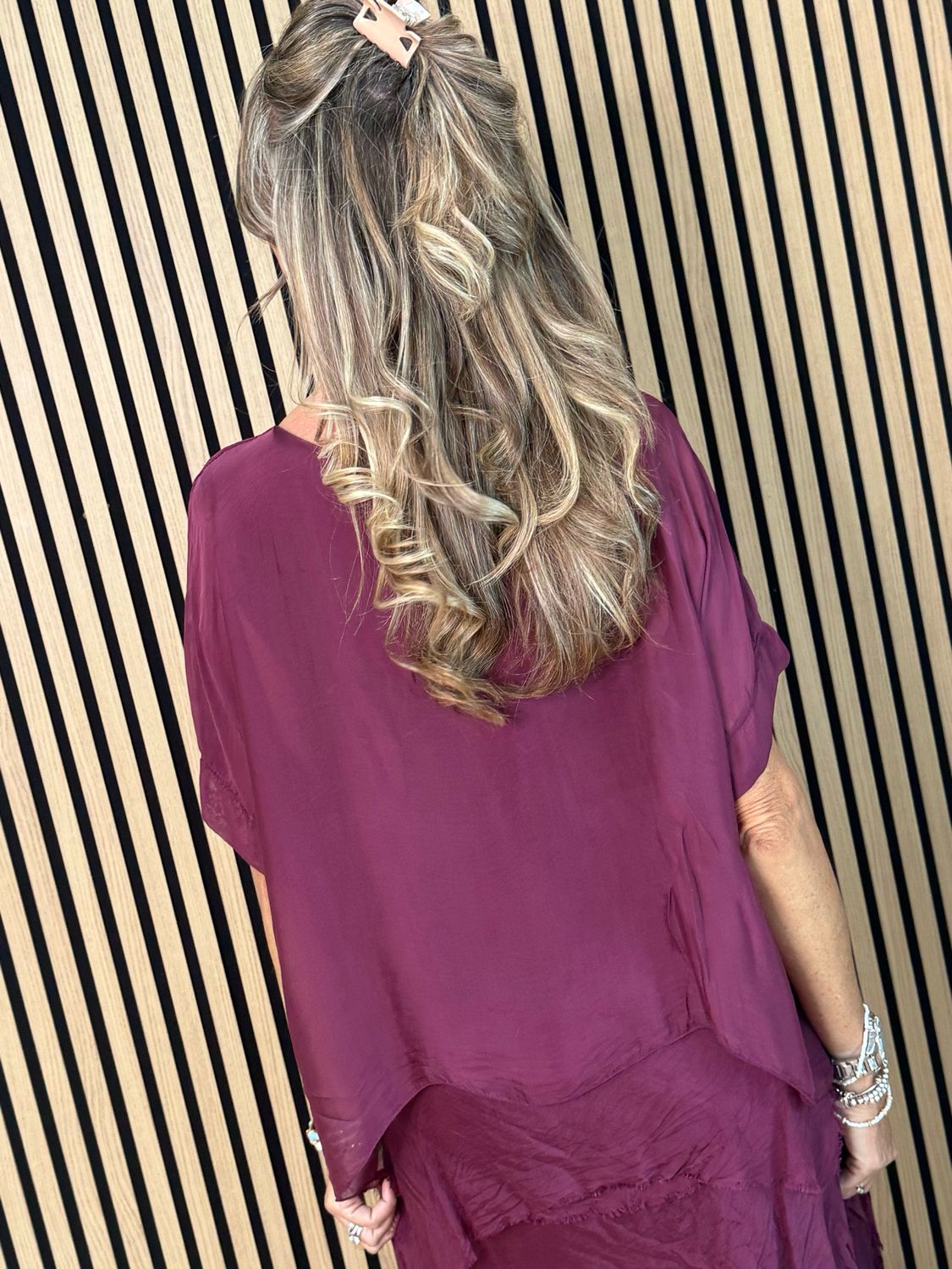 Silk Blend Frill Dress - Burgundy