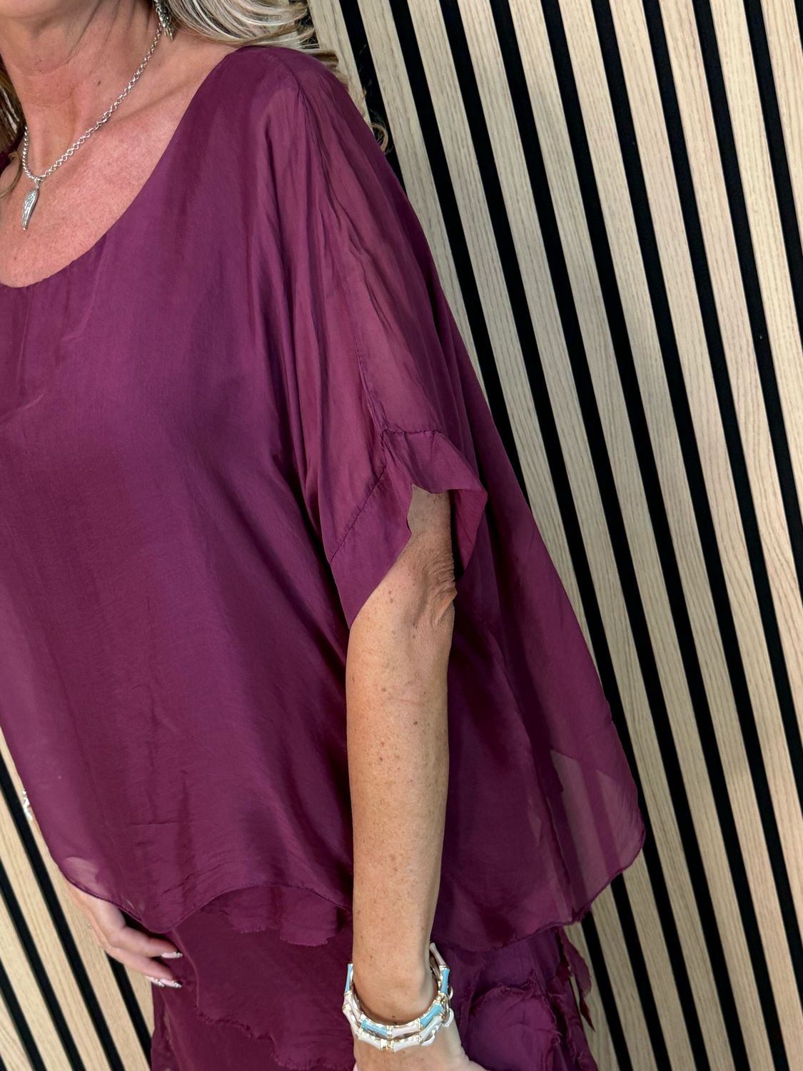 Silk Blend Frill Dress - Burgundy