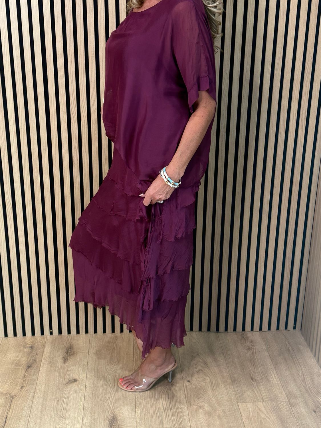 Silk Blend Frill Dress - Burgundy