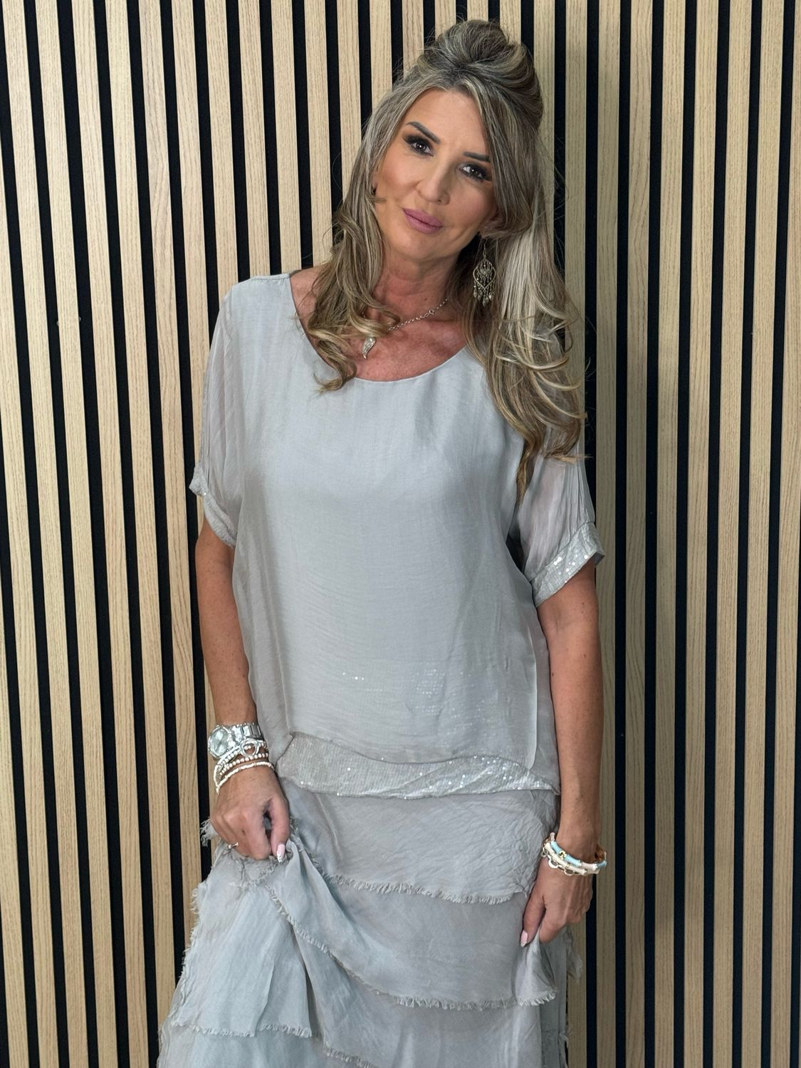 Silk Blend Sequin Dress - Grey