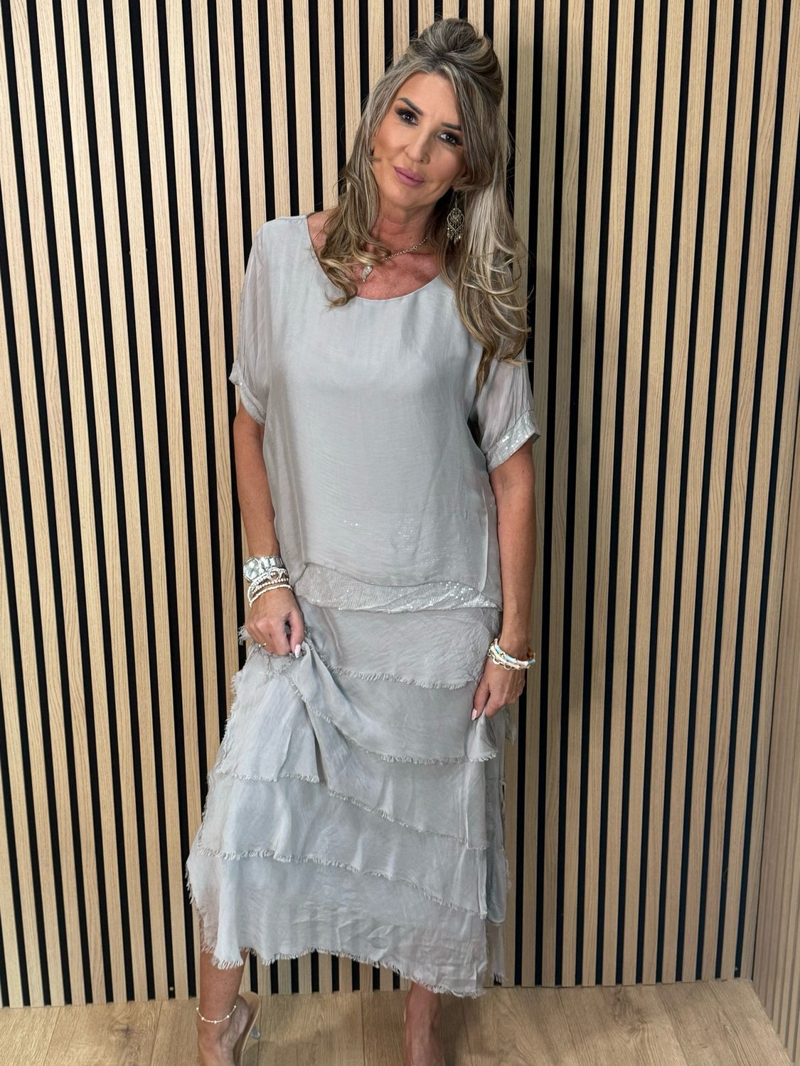 Silk Blend Sequin Dress - Grey