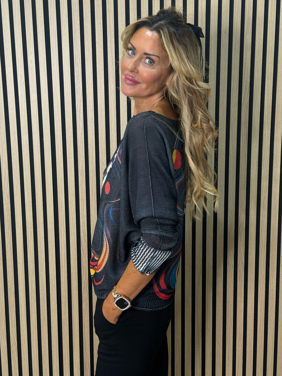 Abstract Face Print Batwing Jumper - Black