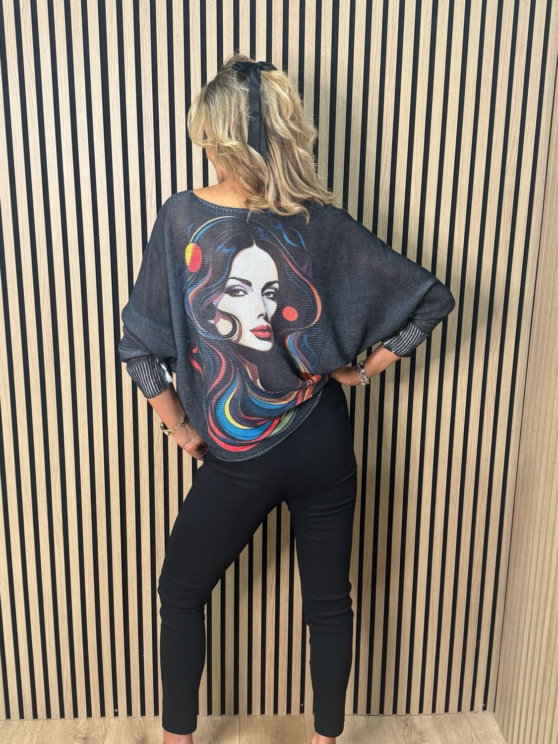 Abstract Face Print Batwing Jumper - Black
