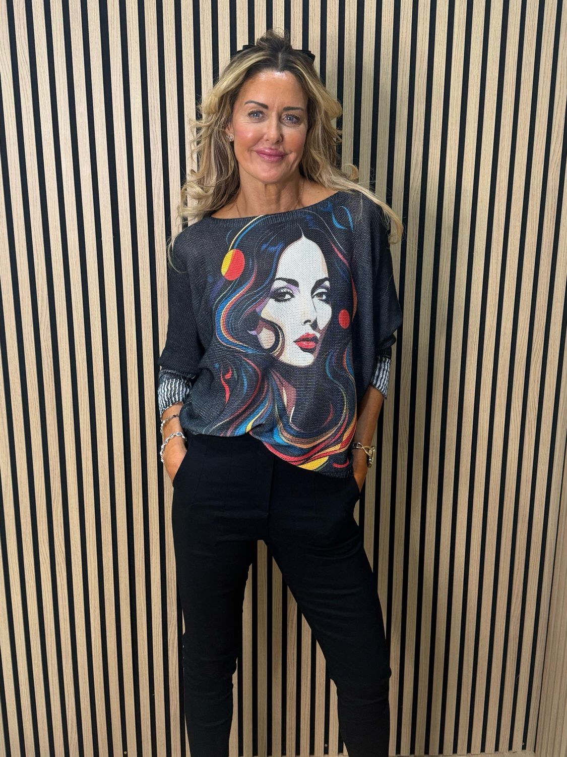 Abstract Face Print Batwing Jumper - Black