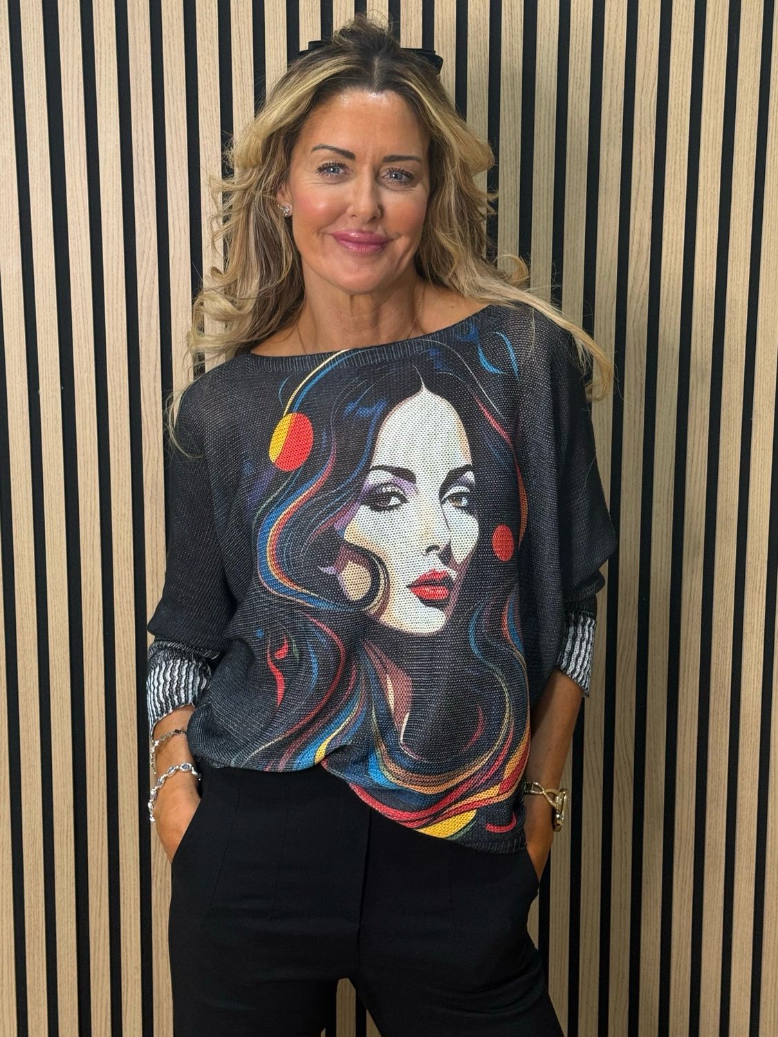 Abstract Face Print Batwing Jumper - Black