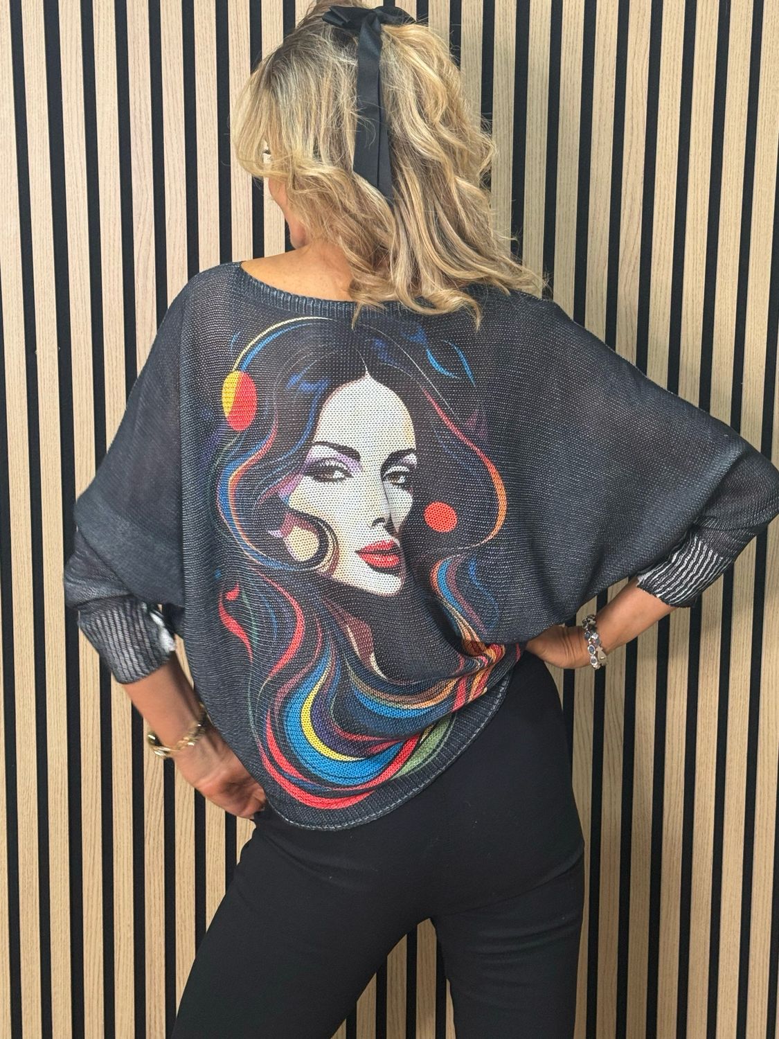 Abstract Face Print Batwing Jumper - Black