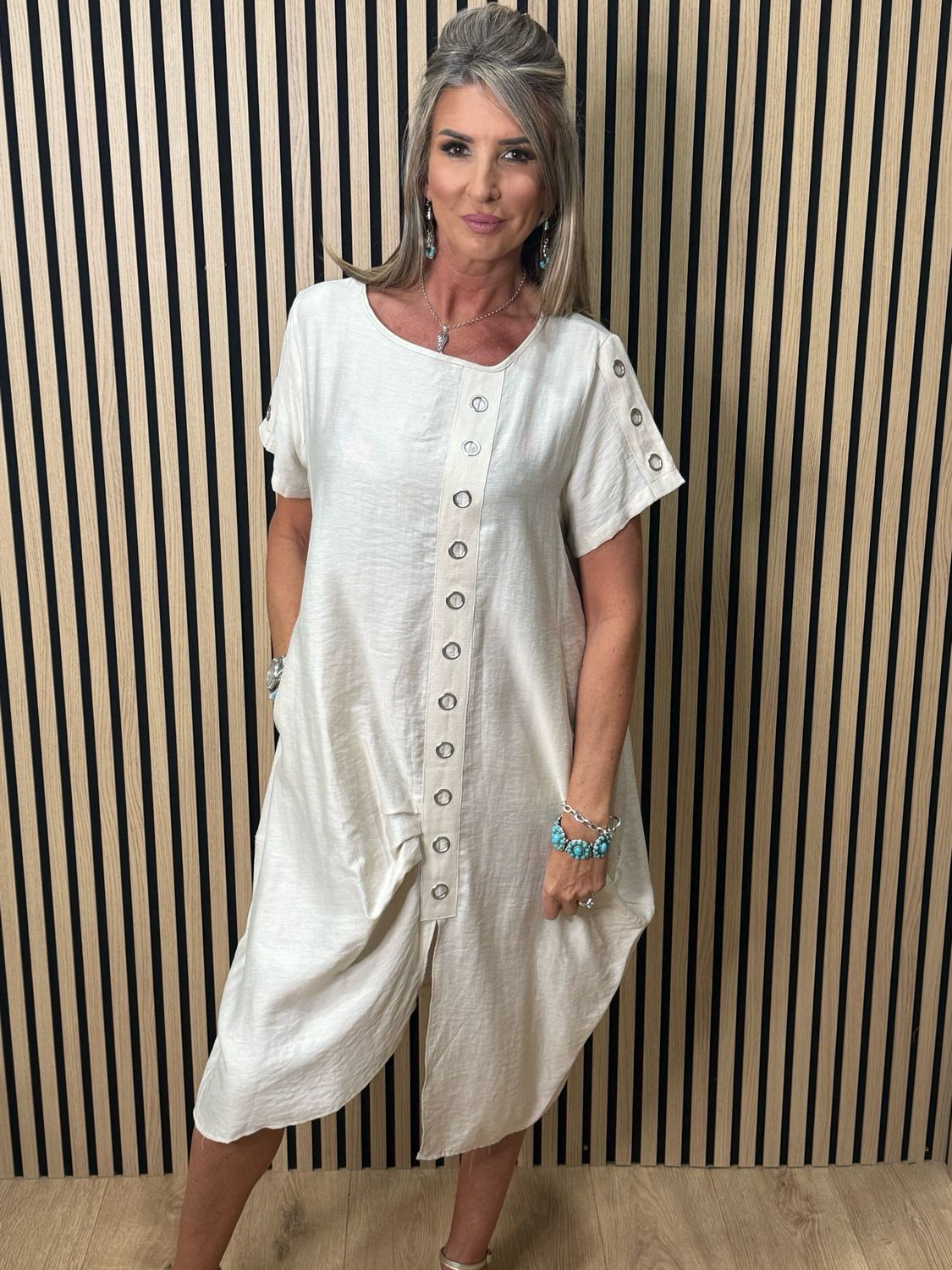 Button Detail Pocket Dress - Cream
