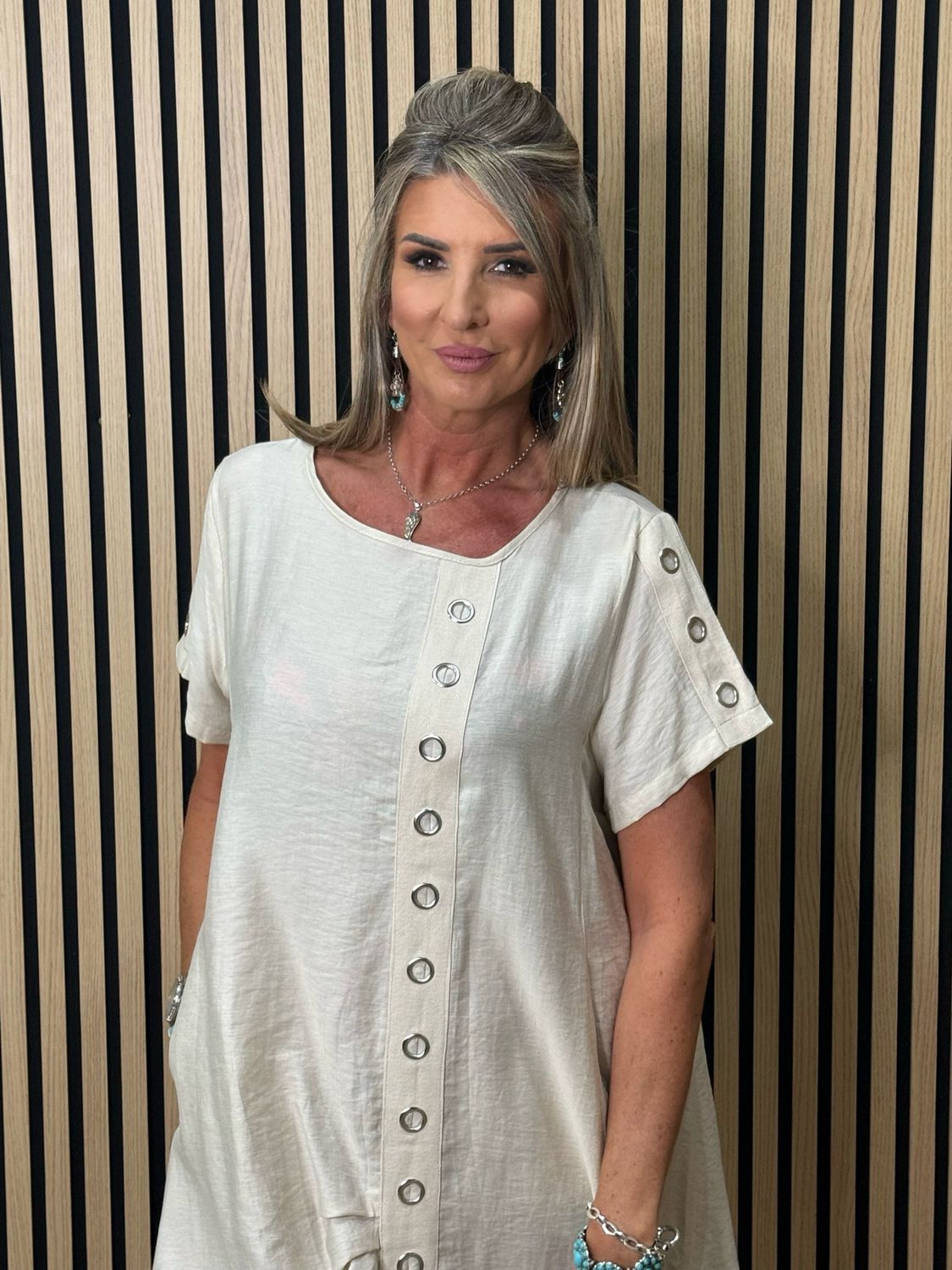 Button Detail Pocket Dress - Cream