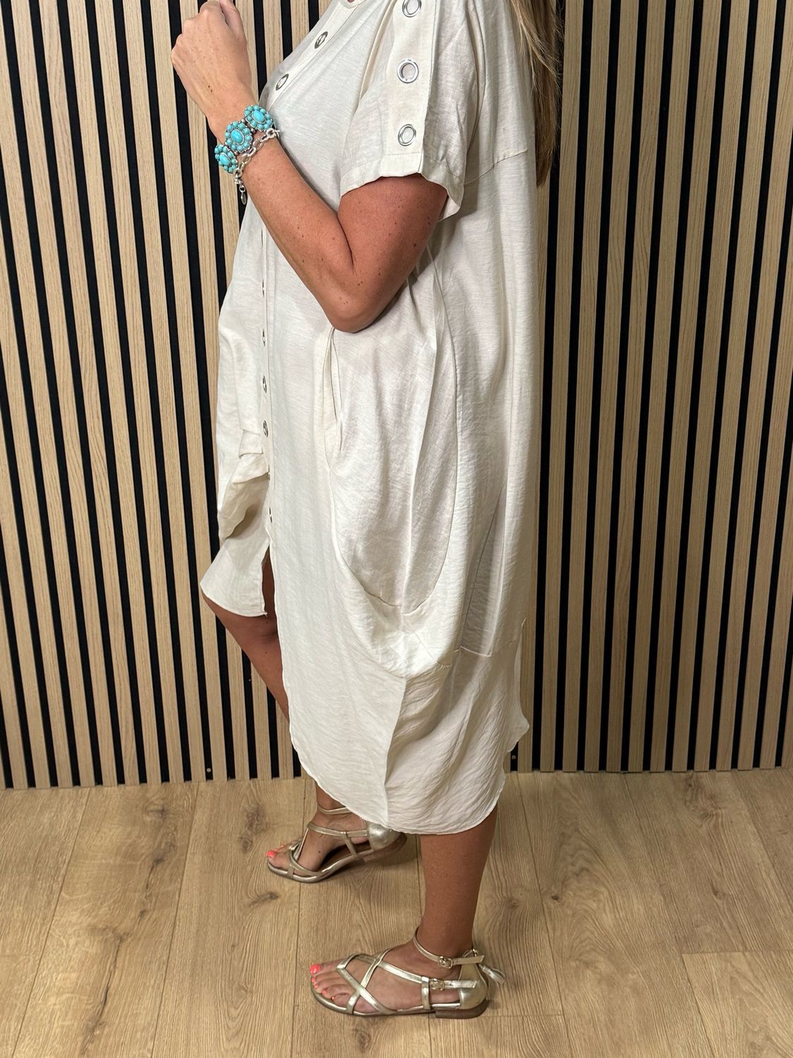 Button Detail Pocket Dress - Cream