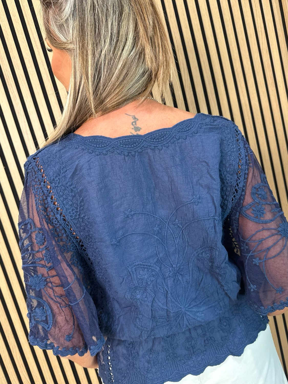 Butterfly Lace Overlay Top - Navy