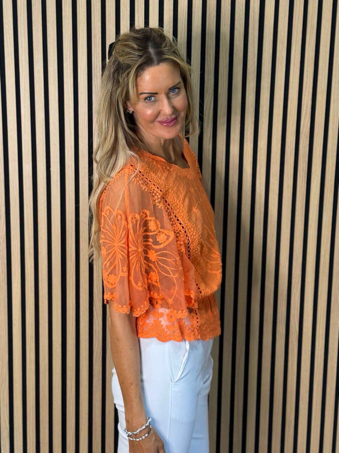 Butterfly Lace Overlay Top - Coral