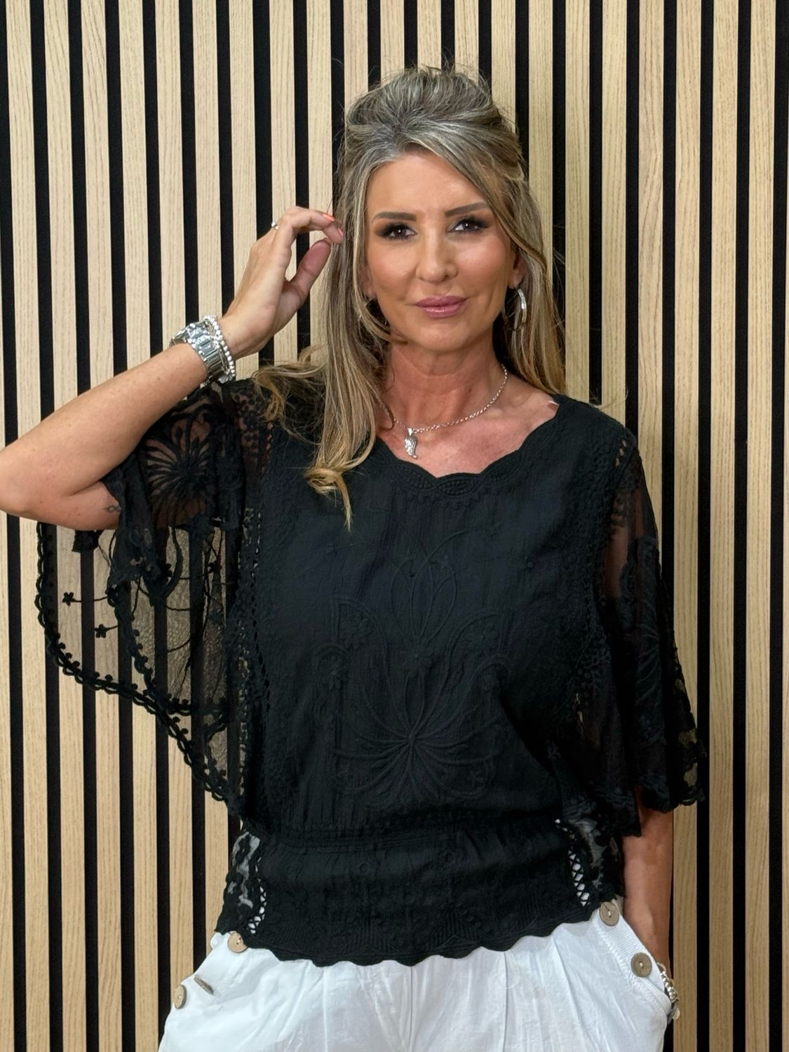 Butterfly Lace Overlay Top - Black