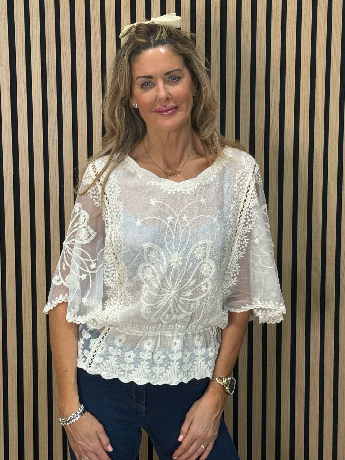 Butterfly Lace Overlay Top - Cream