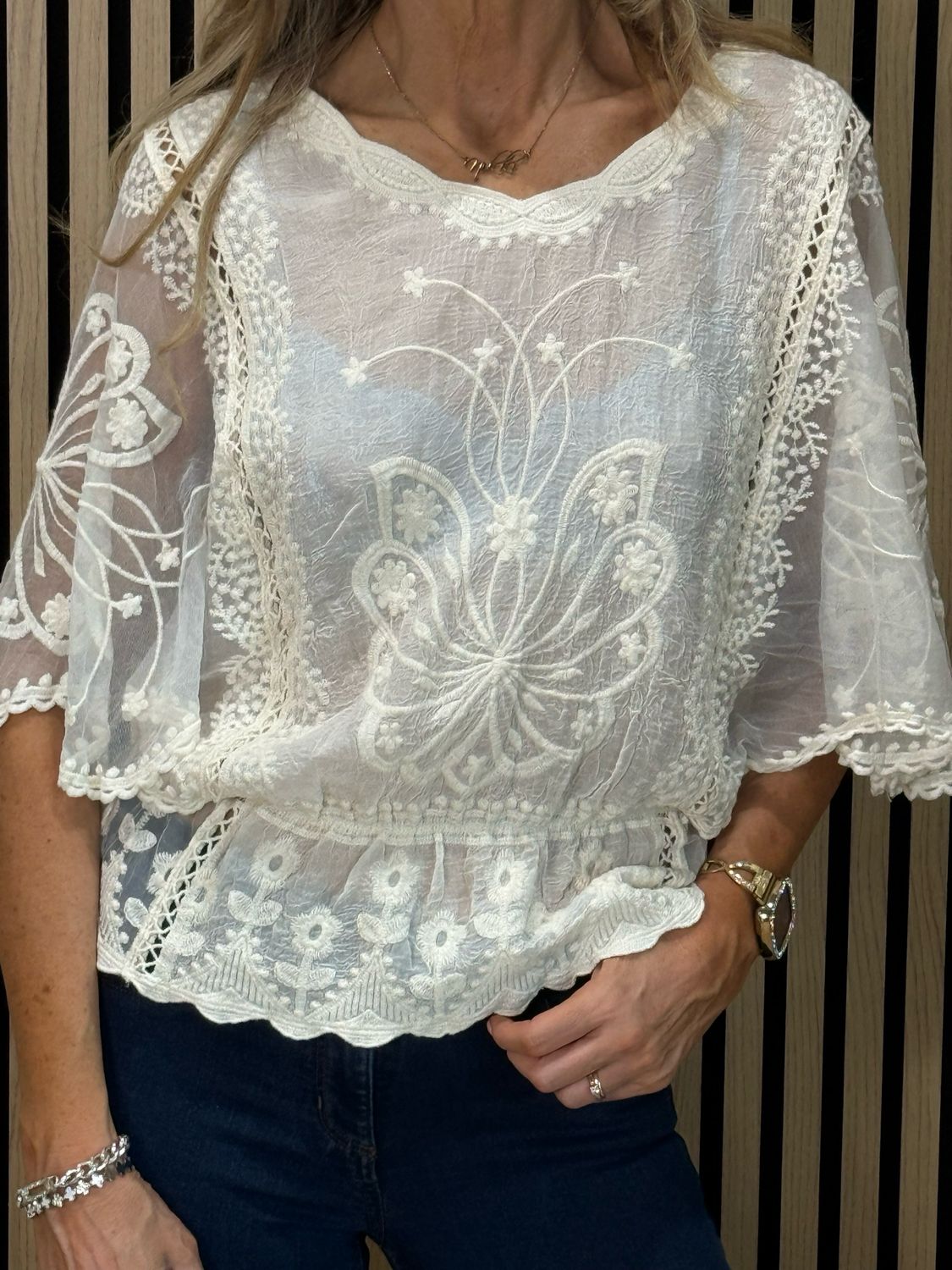 Butterfly Lace Overlay Top - Cream