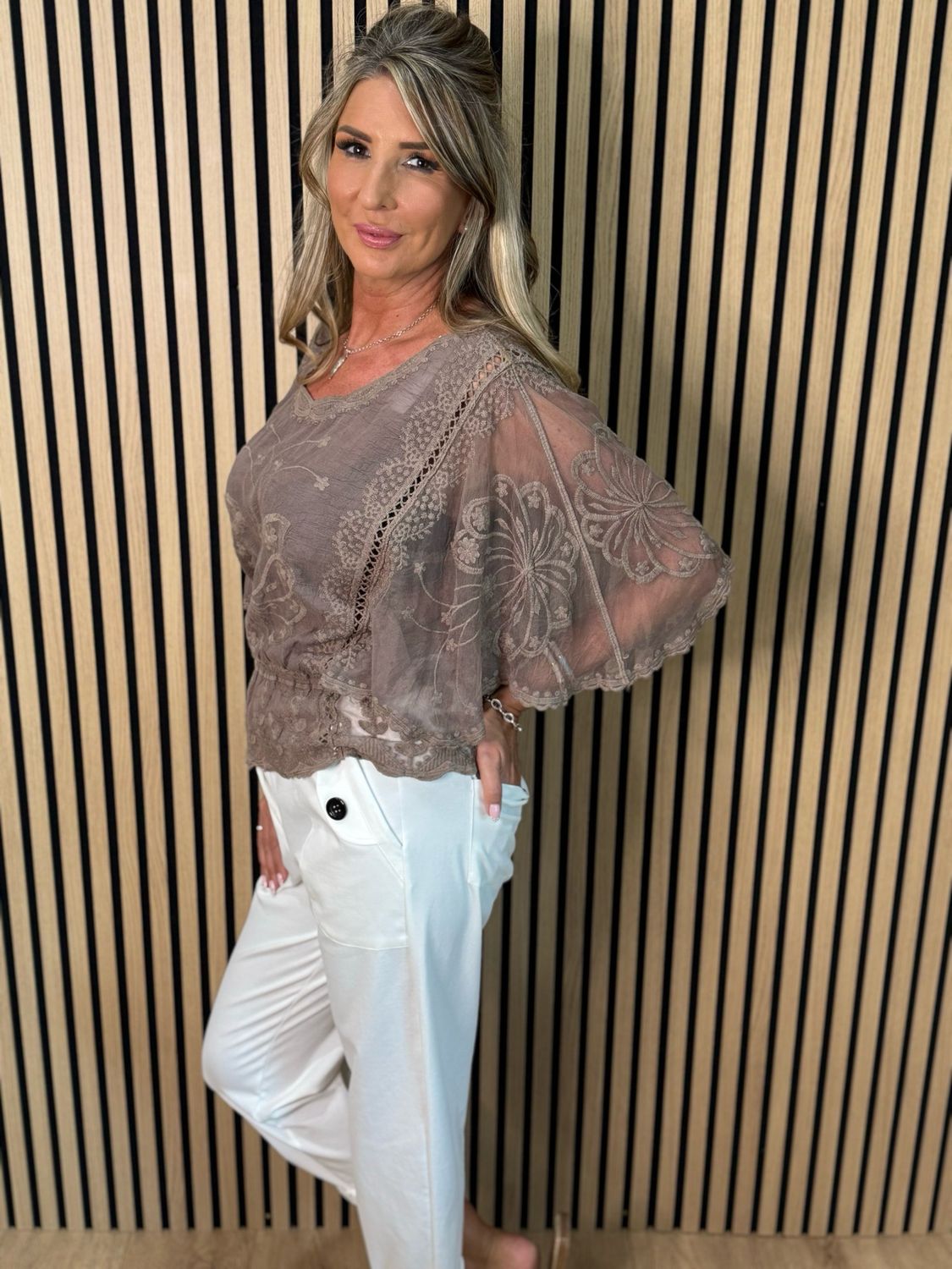 Butterfly Lace Overlay Top - Taupe