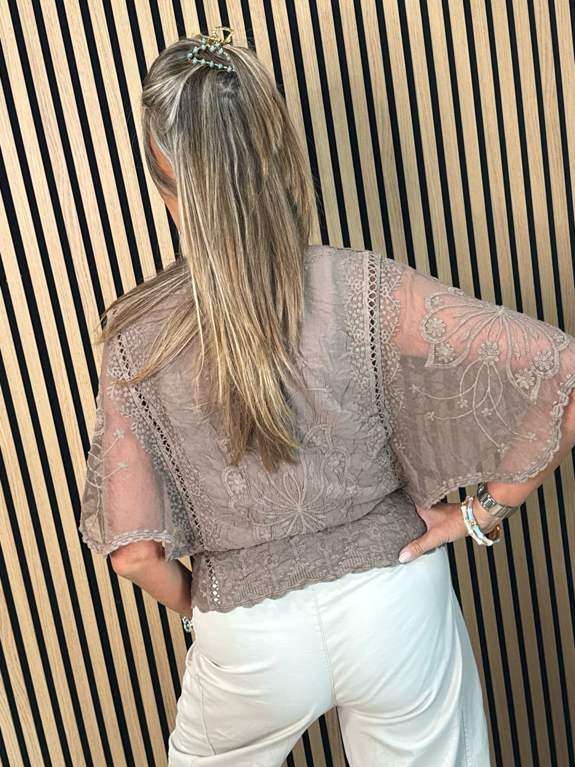 Butterfly Lace Overlay Top - Taupe