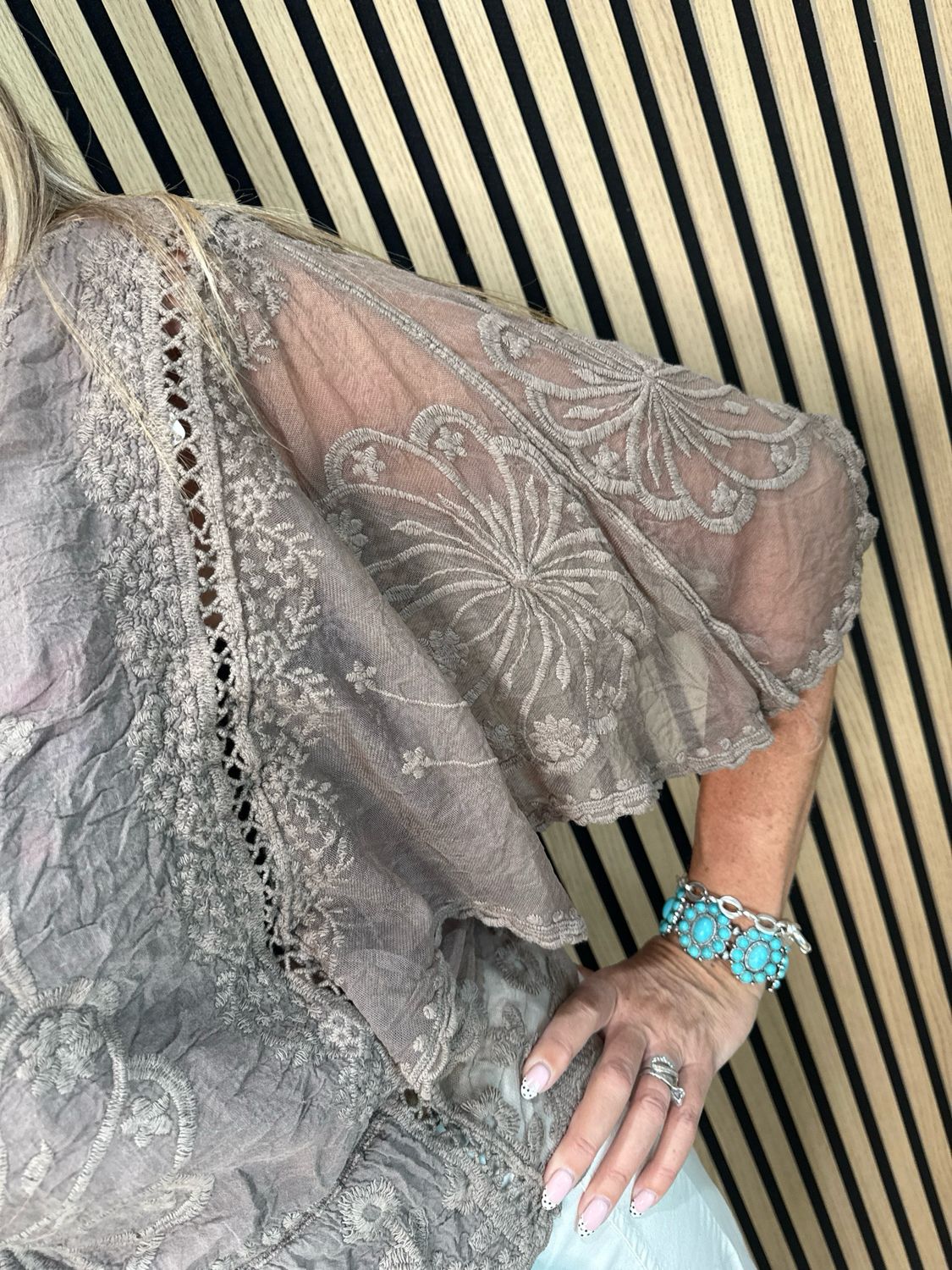 Butterfly Lace Overlay Top - Taupe