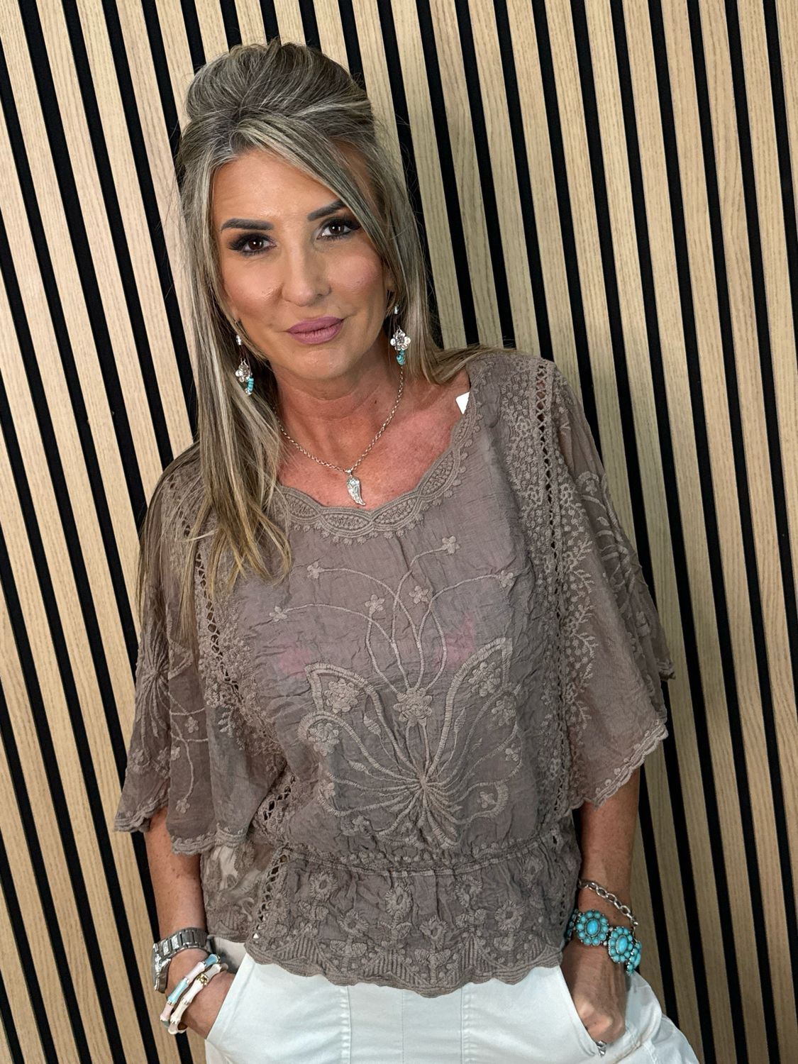 Butterfly Lace Overlay Top - Taupe