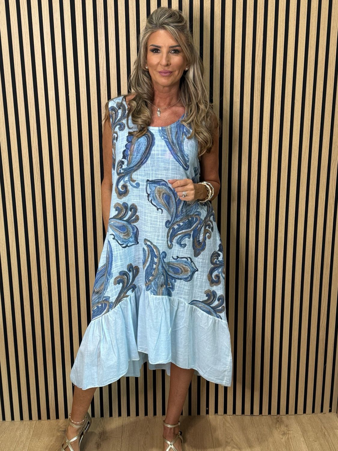 Paisley Print Cotton Frill Hem Dress - Blue